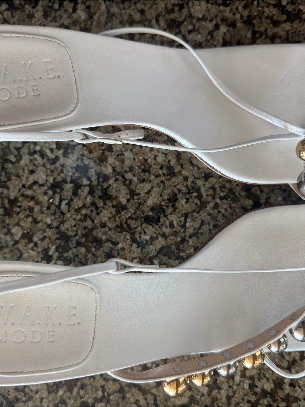 A.W.A.K.E. Mode (Awake mode) Delta White Studded Asymmetrical Sandals - Picture 6 of 9
